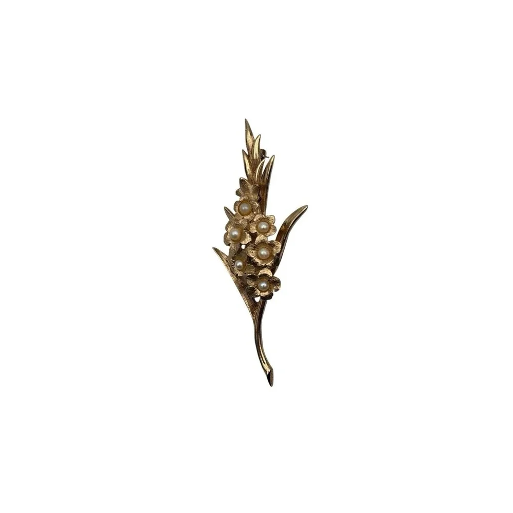 Vintage Marcel Boucher Gladiolus Gold-tone & Faux Pearl Brooch 8373 Pin